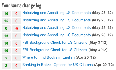 Screenshot of karma change log