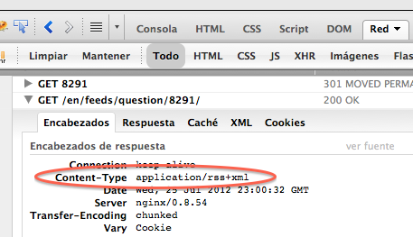 Screenshot of Firebug indicating Content-Type header of response