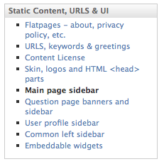 Screenshot of navigation for sidebar customization in Askbot settings.